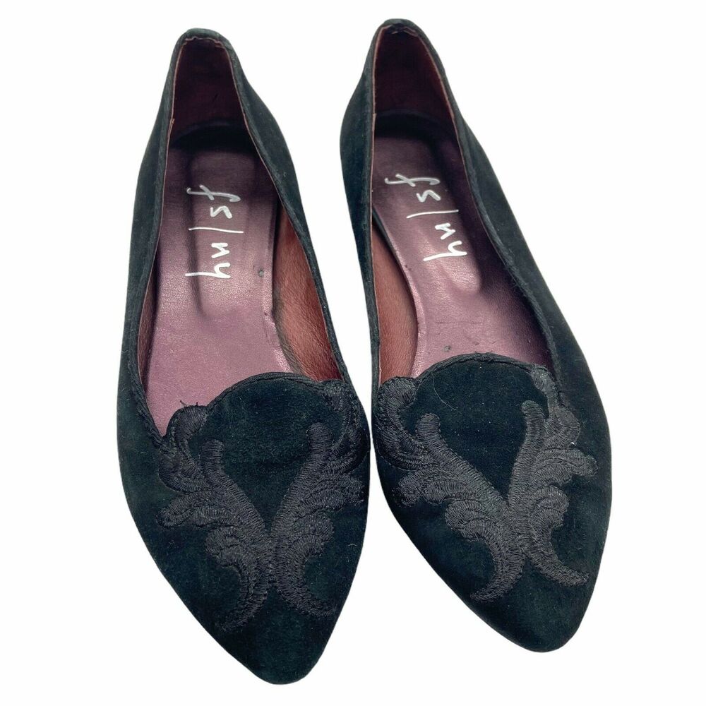 fs/ny Ballet Flats Size 6.5 B Women's Black Suede Embroidered Almond Toe Slip On